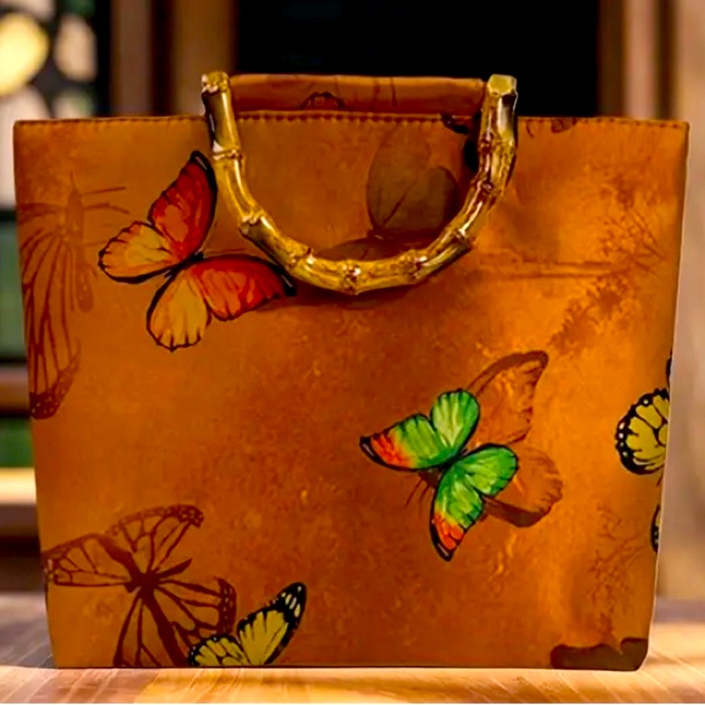 Tan and Orange Butterfly Tote with Bamboo Handles